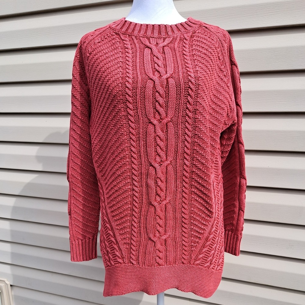 PBJ Blues Women's Cotton Blend Maroon Long Sleeve Knit Cable Sweater Size M